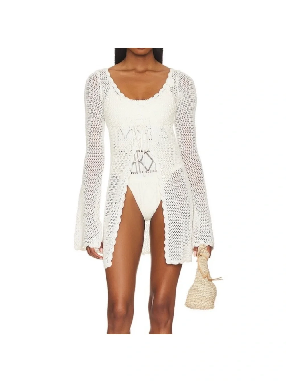 Frankies Bikinis Crochet Collette Cover Up Tunic Cream White XS